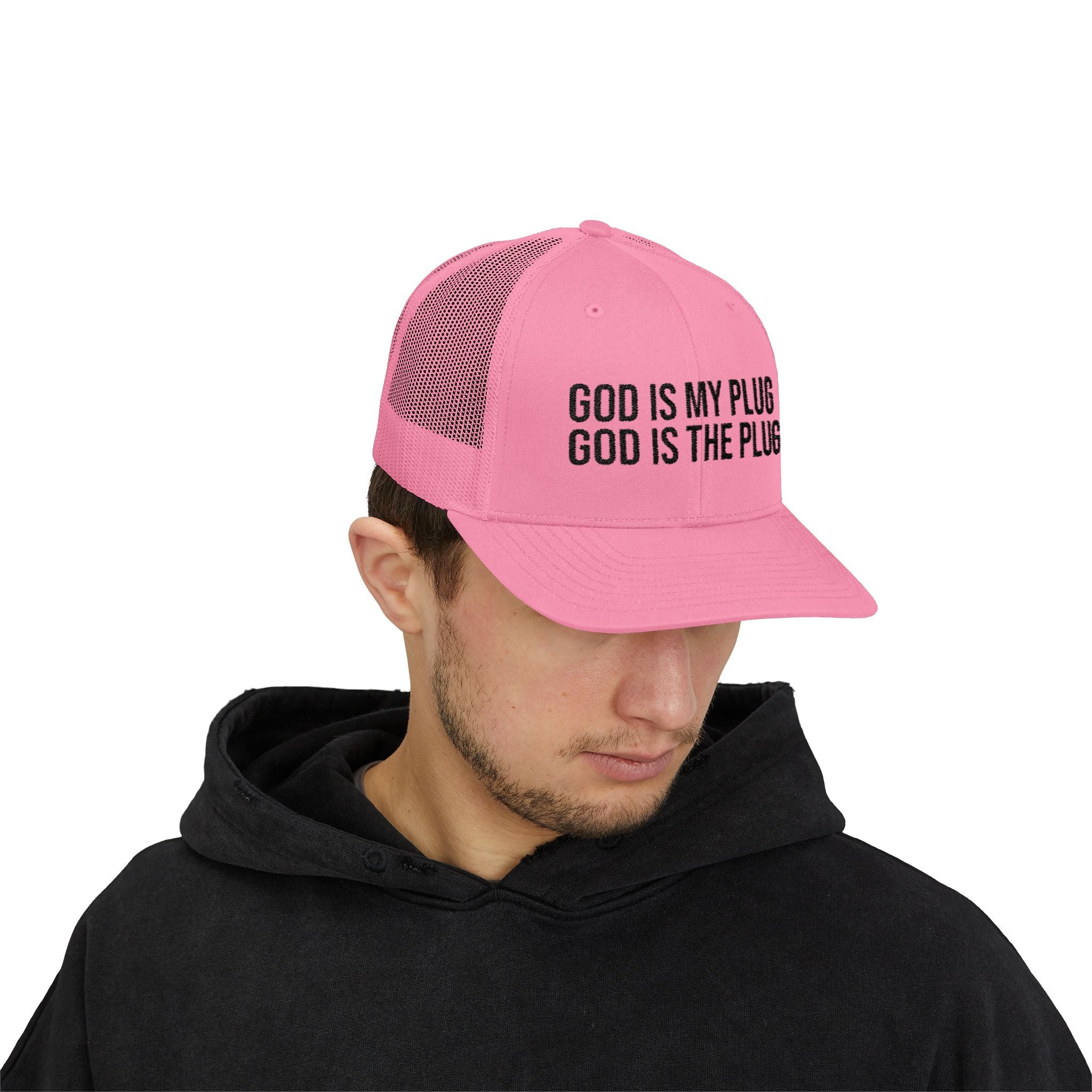 God Is My Plug Trucker Cap — Christian Faith Snapback Hat
