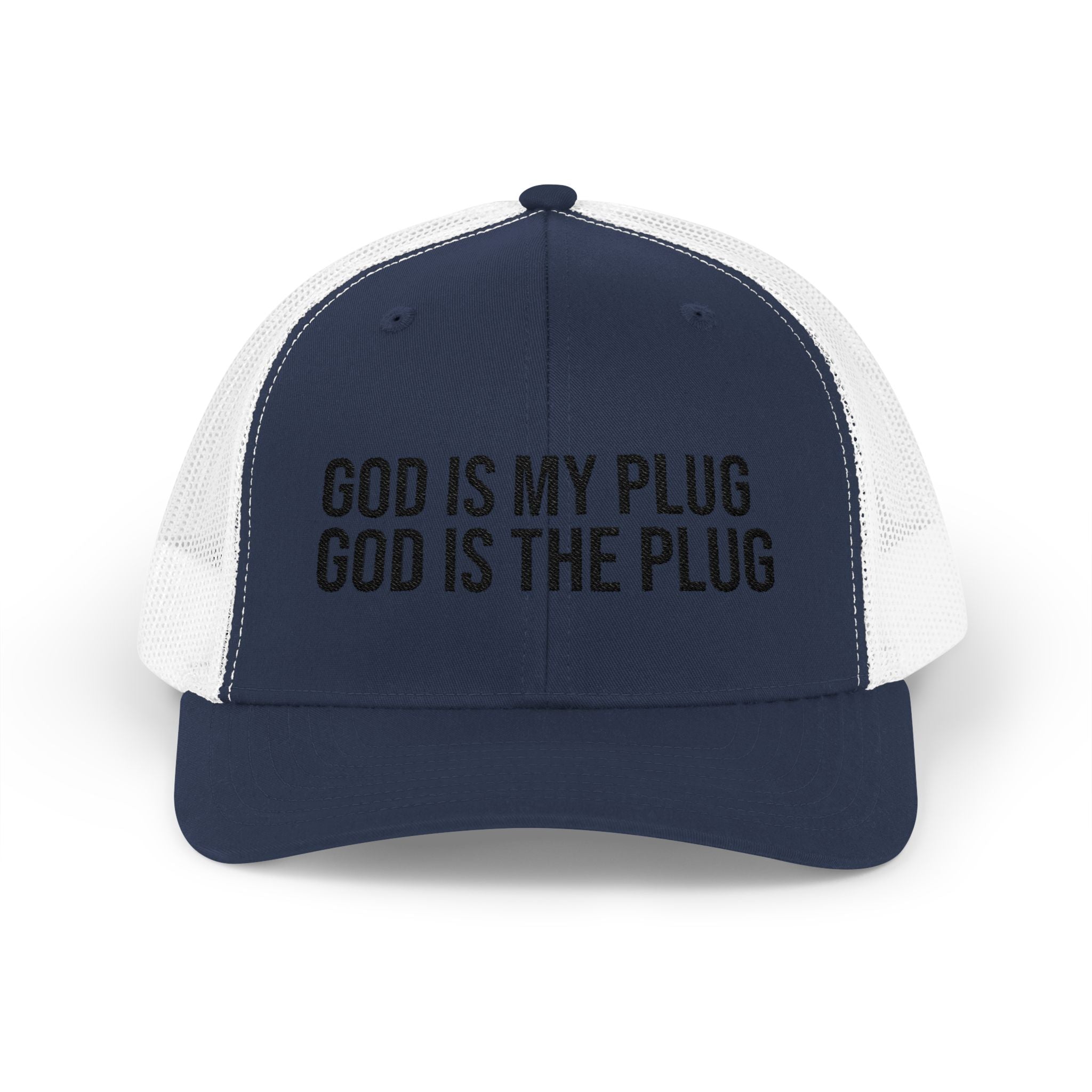 God Is My Plug Trucker Cap — Christian Faith Snapback Hat