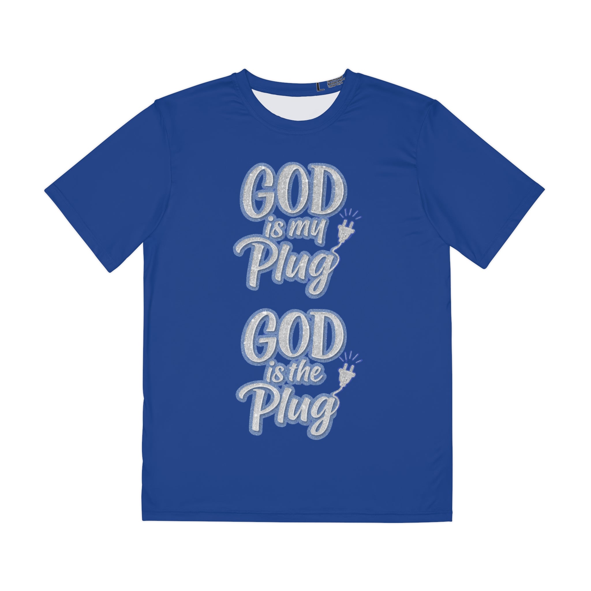 Blue God is my Plug God is the Plug Men's Polyester Tee (AOP)