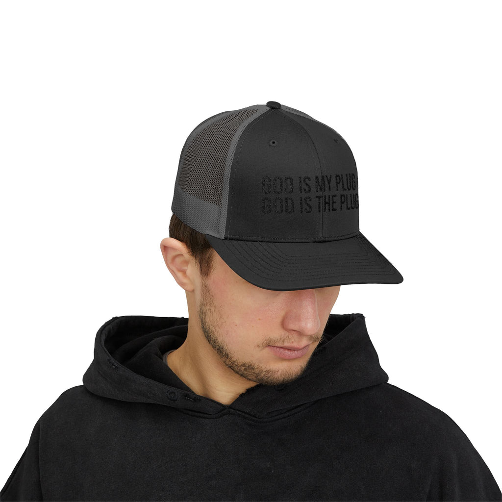 God Is My Plug Trucker Cap — Christian Faith Snapback Hat