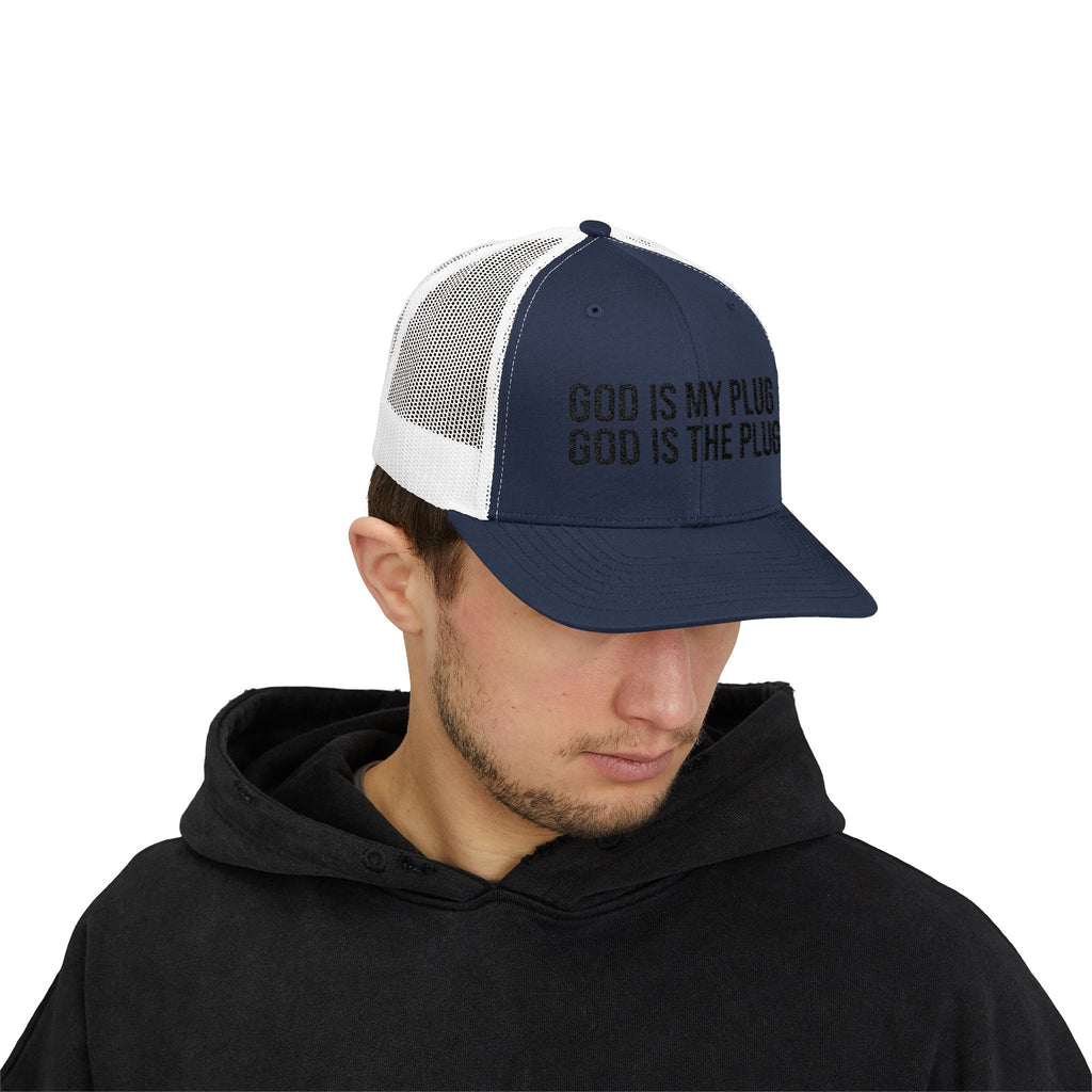 God Is My Plug Trucker Cap — Christian Faith Snapback Hat