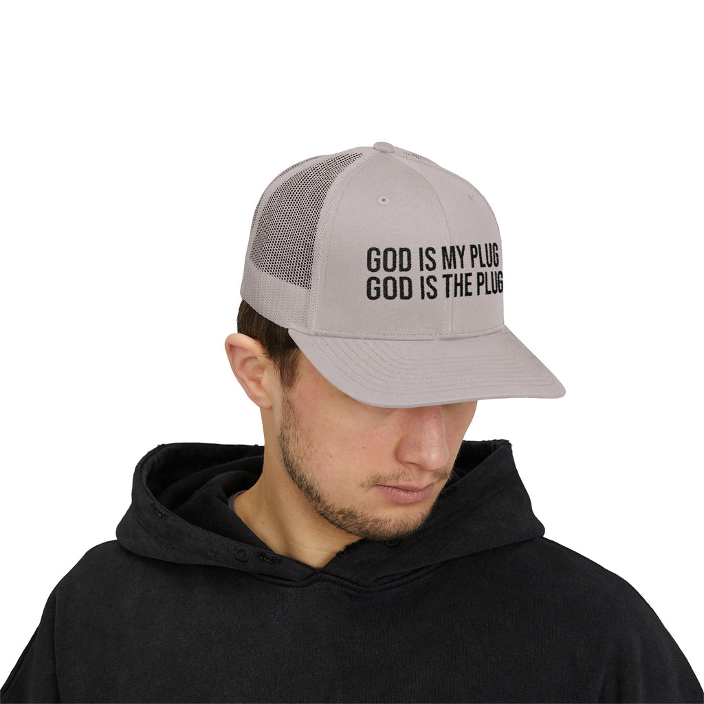 God Is My Plug Trucker Cap — Christian Faith Snapback Hat