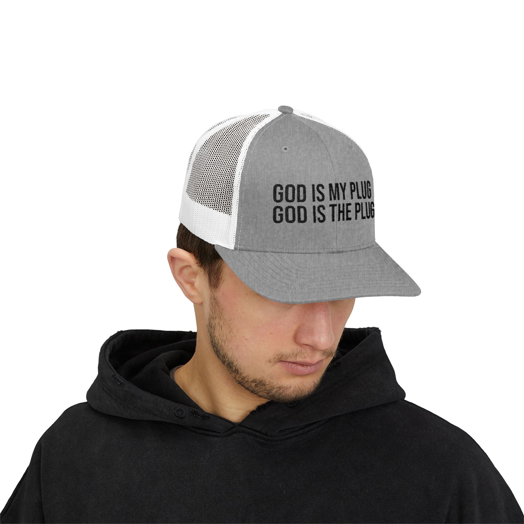 God Is My Plug Trucker Cap — Christian Faith Snapback Hat