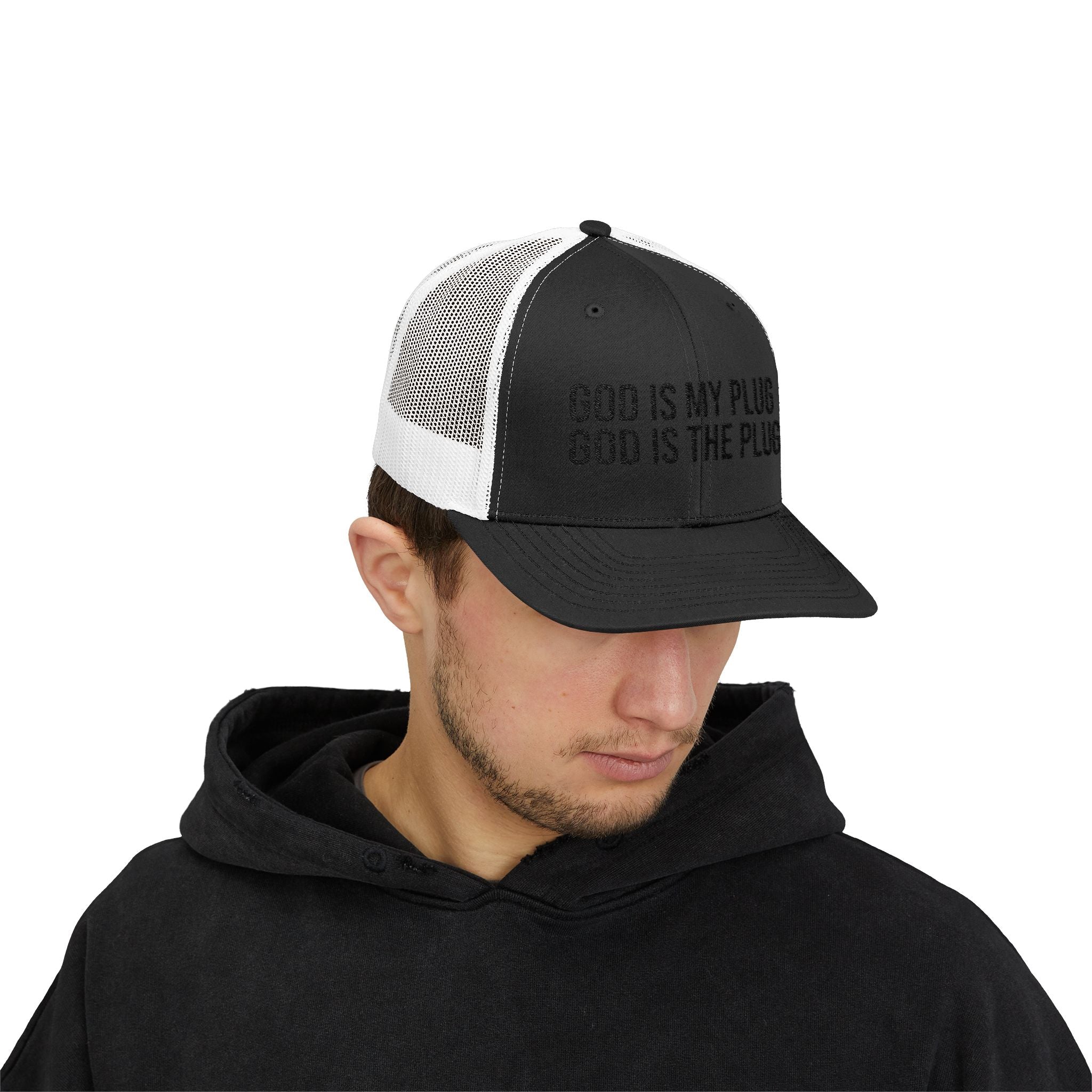 God Is My Plug Trucker Cap — Christian Faith Snapback Hat