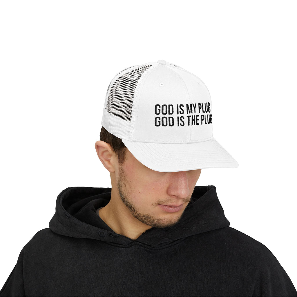 God Is My Plug Trucker Cap — Christian Faith Snapback Hat