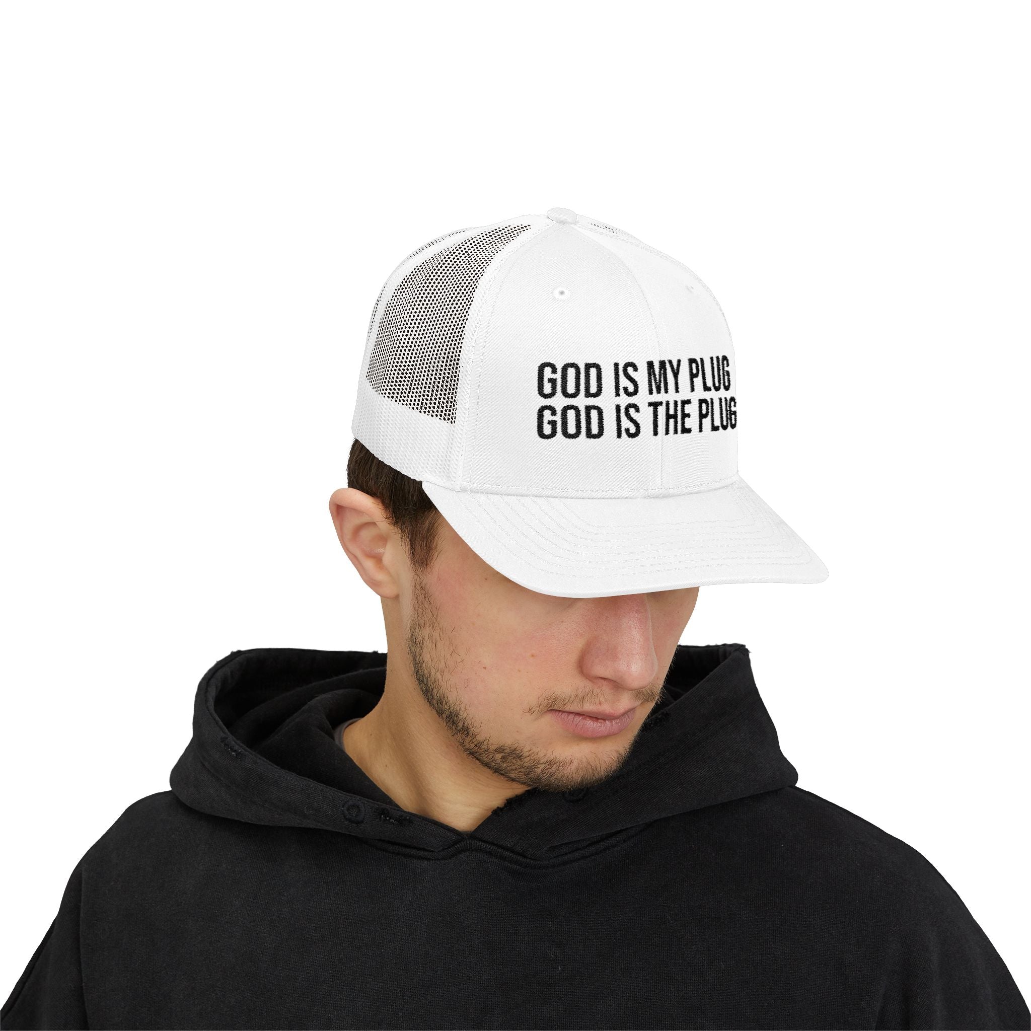 God Is My Plug Trucker Cap — Christian Faith Snapback Hat