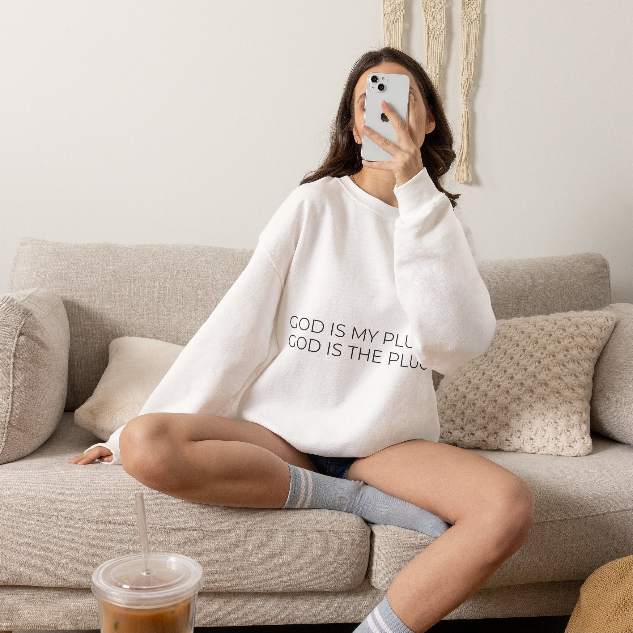 Crewneck Sweatshirt — "God Is My Plug" Minimalist Faith Tee