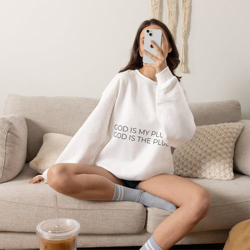 Crewneck Sweatshirt — "God Is My Plug" Minimalist Faith Tee