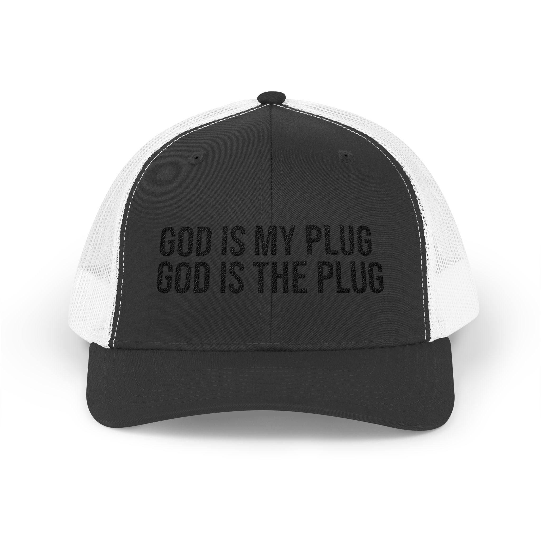 God Is My Plug Trucker Cap — Christian Faith Snapback Hat