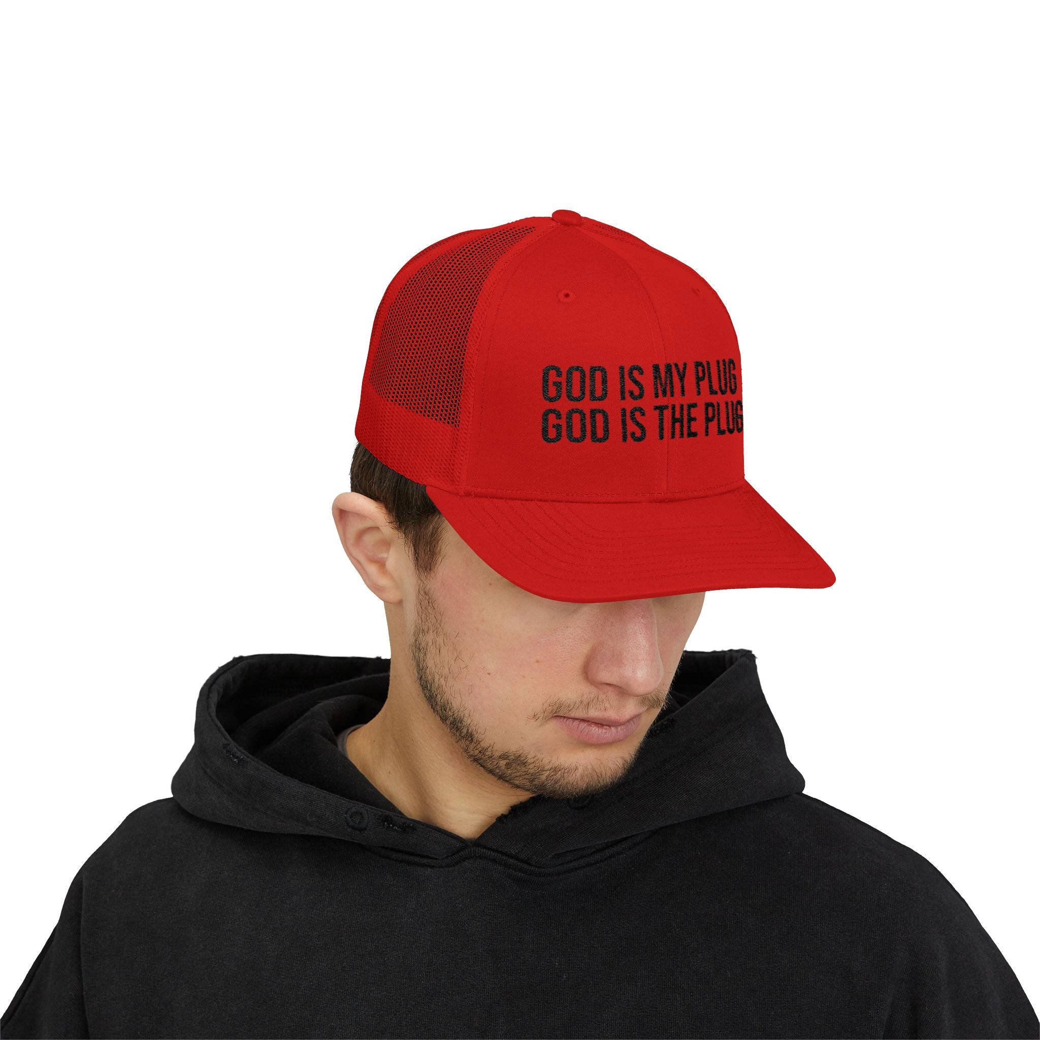 God Is My Plug Trucker Cap — Christian Faith Snapback Hat