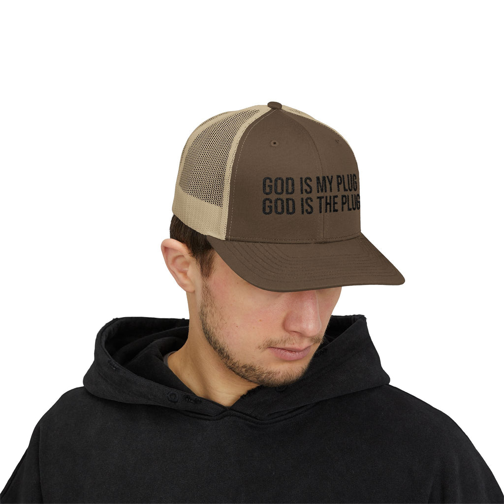 God Is My Plug Trucker Cap — Christian Faith Snapback Hat