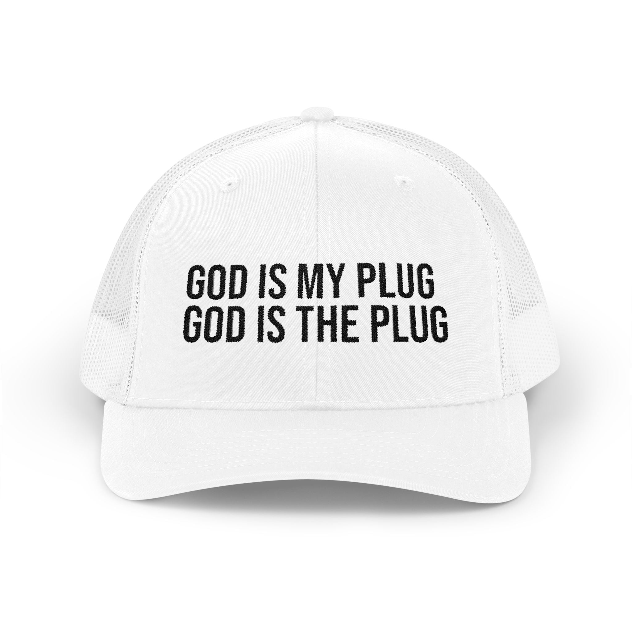 God Is My Plug Trucker Cap — Christian Faith Snapback Hat