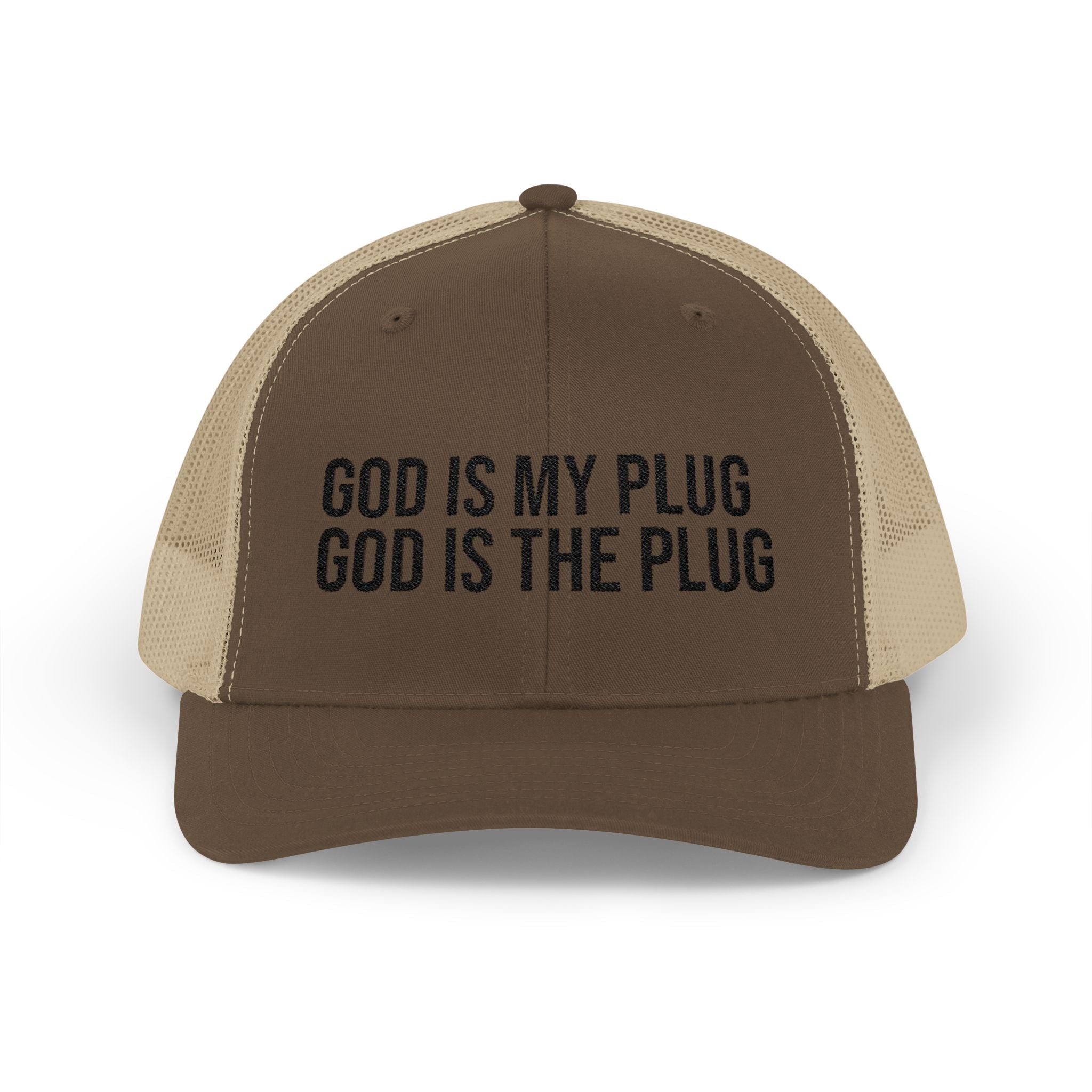 God Is My Plug Trucker Cap — Christian Faith Snapback Hat