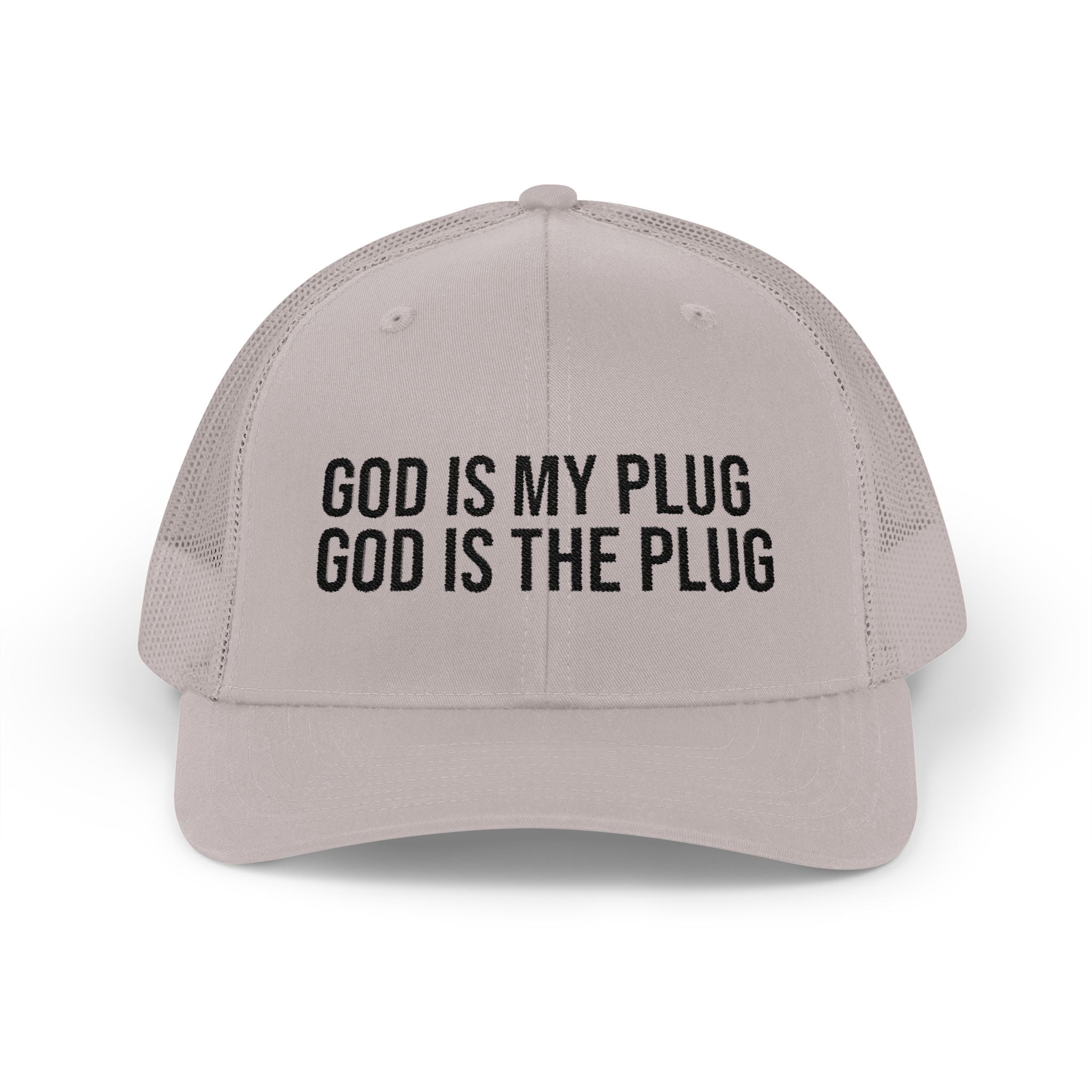 God Is My Plug Trucker Cap — Christian Faith Snapback Hat